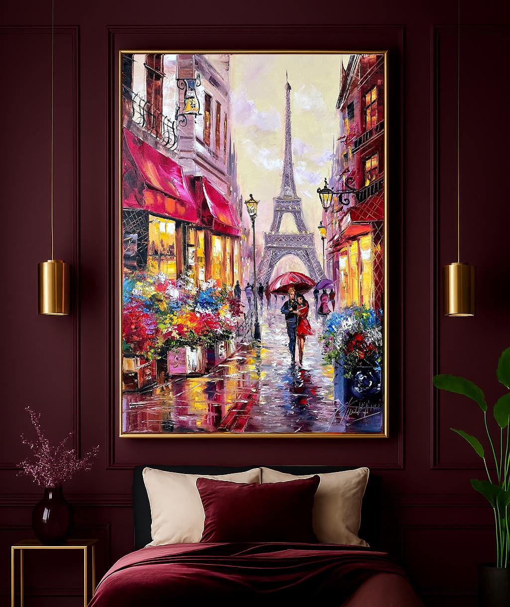 Quadro Su Tela 40x60 Cm – Coppia Che Si Bacia A Parigi Con Torre Eiffel E Fiori Di Ciliegio – Decorazione Parete Romantica