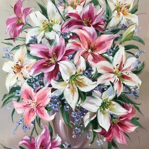 【全商品オープニング価格 特別価格】 キャンバスに描かれた大きなユリの花の油絵 ユリの花の絵画 白い 絵画
