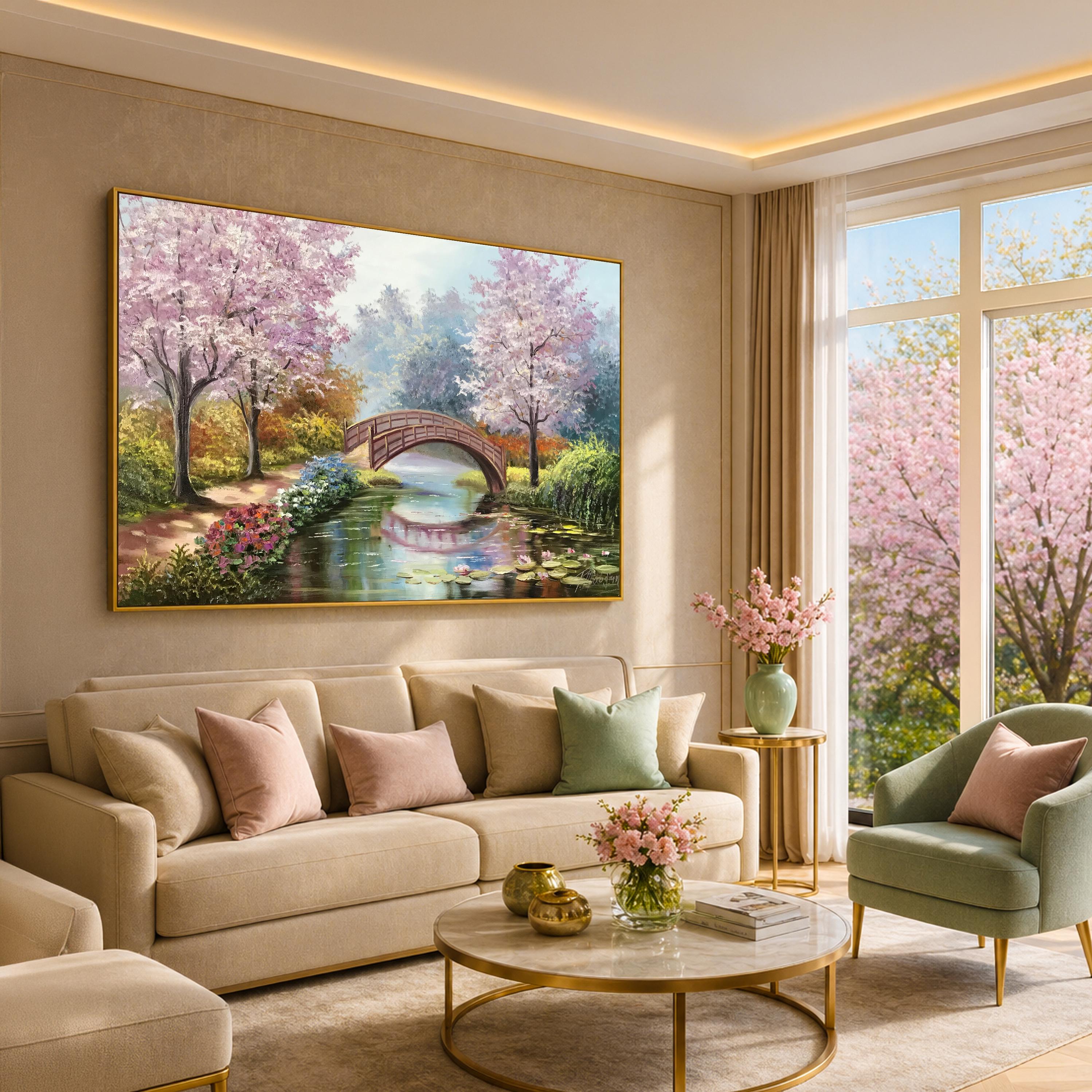 モネの睡蓮の油絵 オリジナル桜アート 日本庭園の絵画 睡蓮の池に
