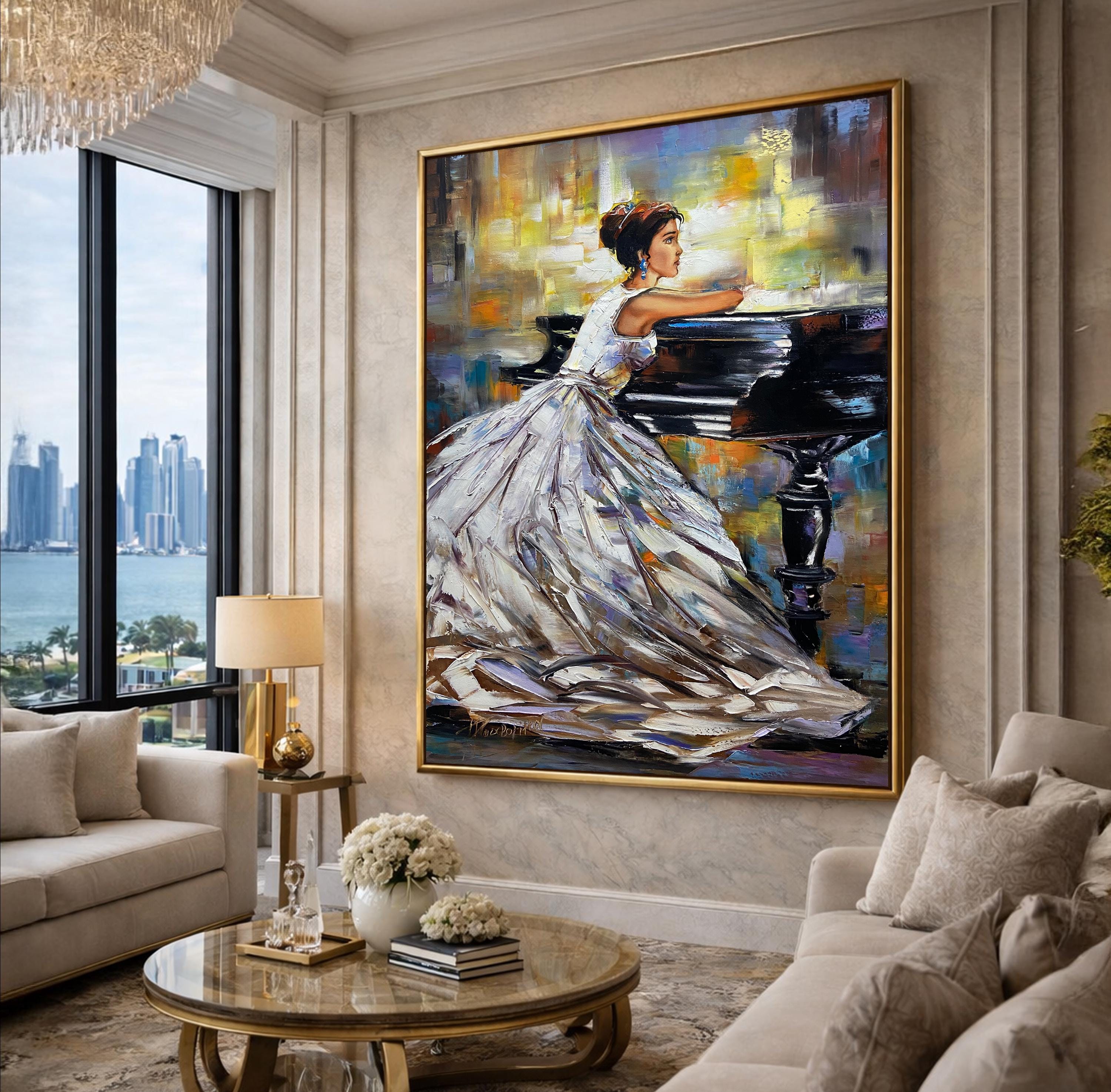 Woman at Piano Oil Painting, Elegant Girl in White Dress Pianist Art ...