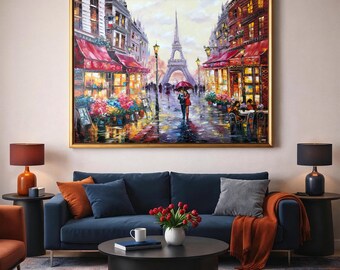 パリの愛の油絵 オリジナルの赤い傘の絵画 エッフェル塔のアート パリ
