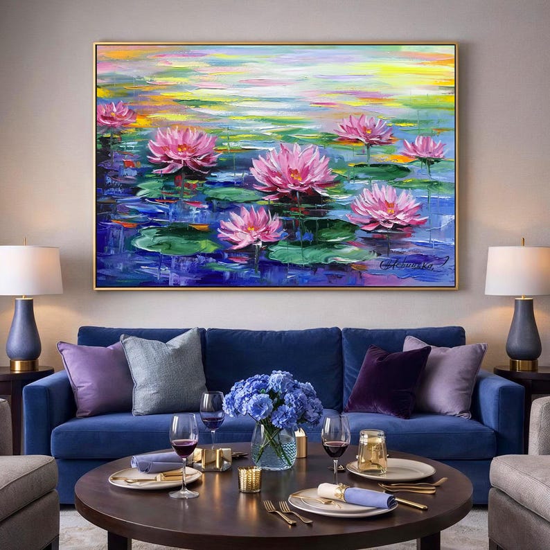 Claude Monet Painting on Canvas Water Lilies Wall Art Pink Lotus Flower ...
