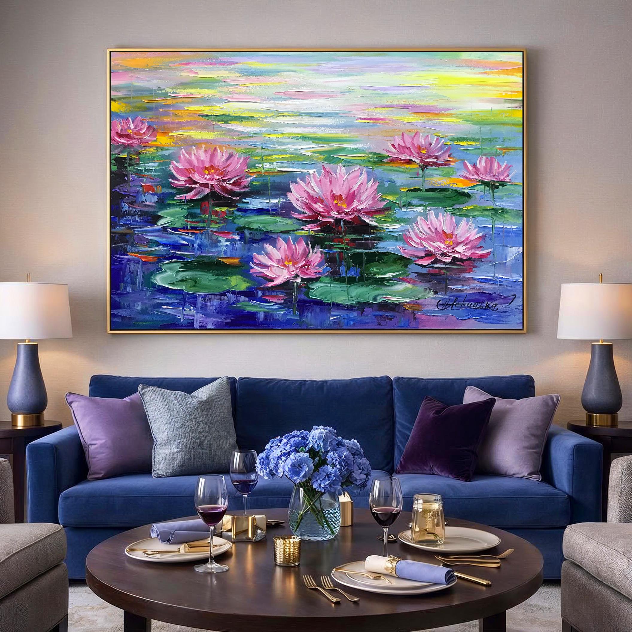 クロード・モネのキャンバスに描かれた睡蓮の壁画ピンクの蓮の花の絵