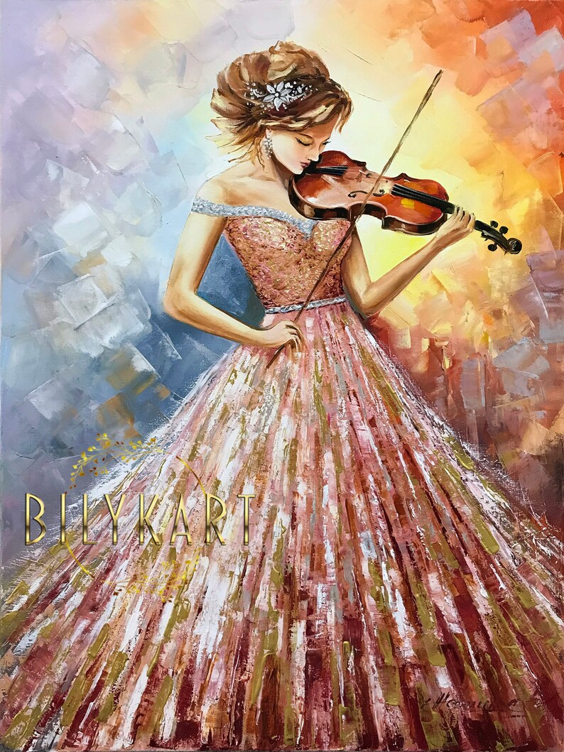 Woman Playing Violin Oil Painting Original, Abstract Violin Wall Decor ...