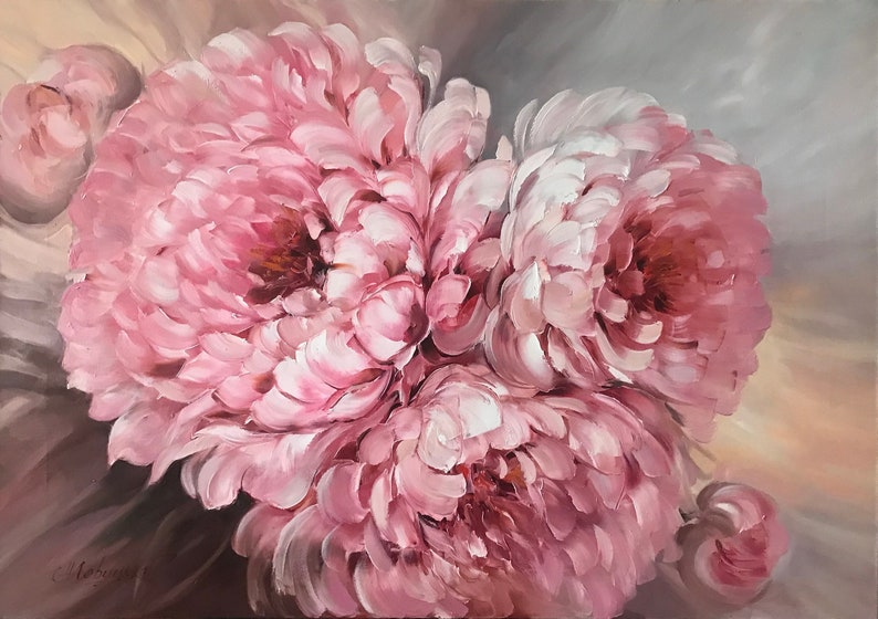 Large Pink Peony Oil Painting, Big Abstract Peonies Wall Art image 3