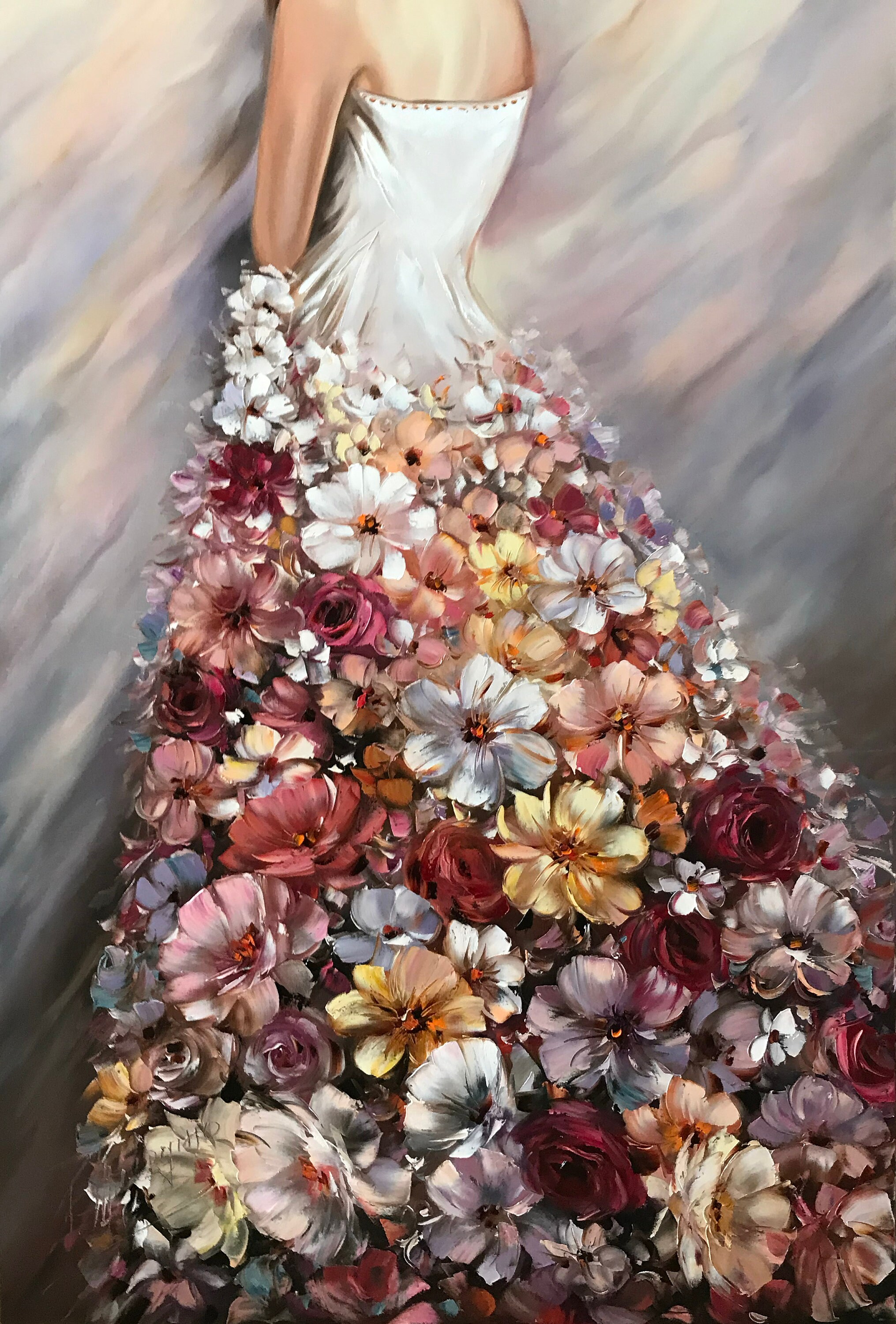 花のドレスを着た女性の油絵、特大の花柄の少女キャンバスウォール