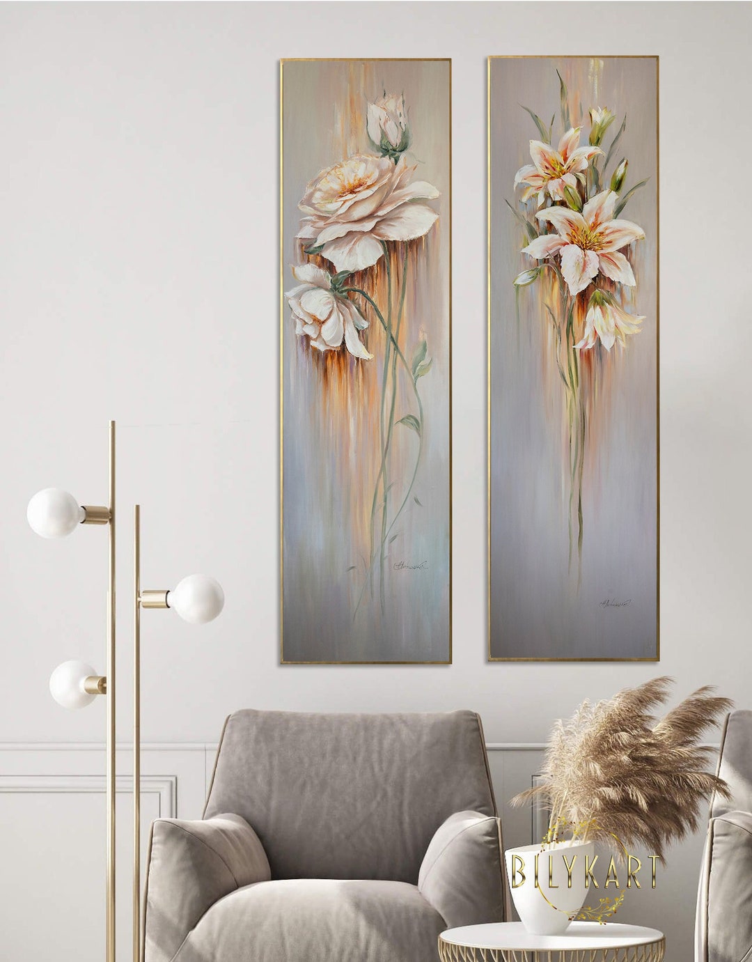 Long Narrow Wall Art Abstract Floral Oil Painting 2 Piece Wall Etsy