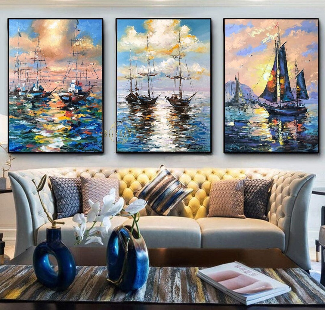 Buy Set of 3 Wall Art Paintings Framed Sailboat Paintings on Canvas ...