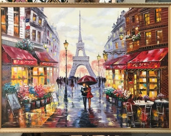 パリの愛の油絵 オリジナルの赤い傘の絵 エッフェル塔のアート パリの