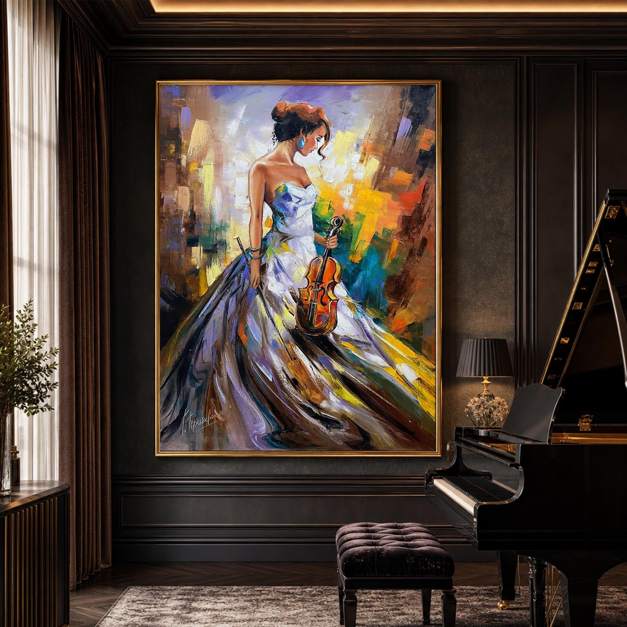 バイオリンを持つ女性の油絵 オリジナル 女性 36x48 キャンバス