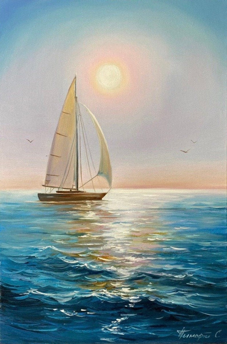 Sailing Ship Sea Oil Painting Blue Ocean Waves Original Boat Etsy