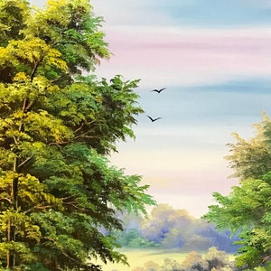 May include: A painting of a forest scene with a light blue sky and pink clouds. The trees are green and lush, and there are two birds flying in the sky.