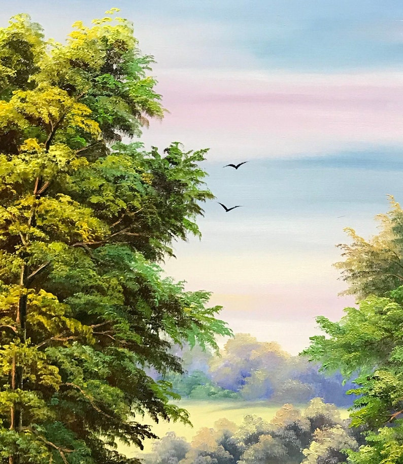 May include: A painting of a forest scene with a light blue sky and pink clouds. The trees are green and lush, and there are two birds flying in the sky.