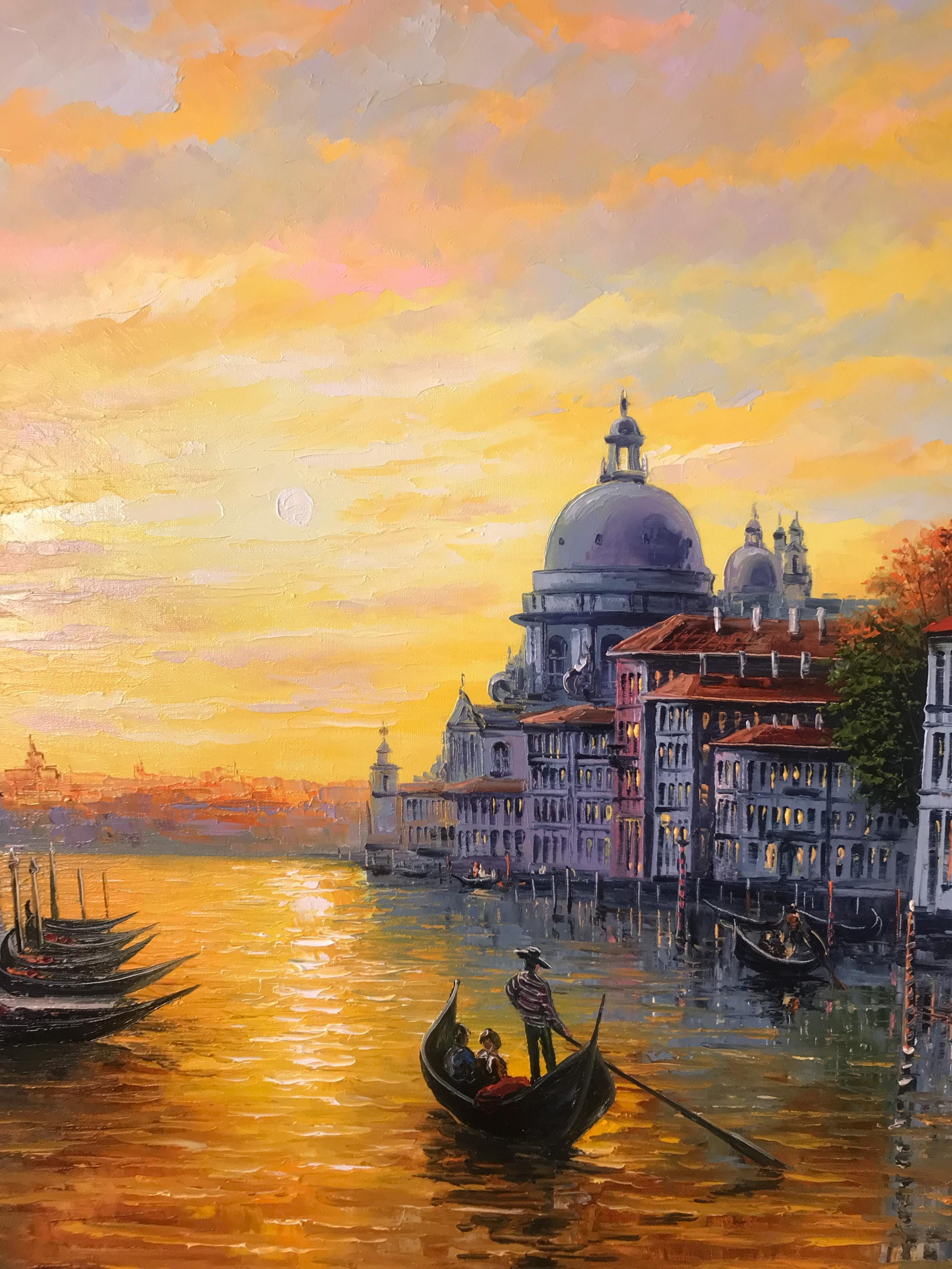 キャンバスに描かれたヴェネツィアの絵画 ゴールドの夕日の油絵