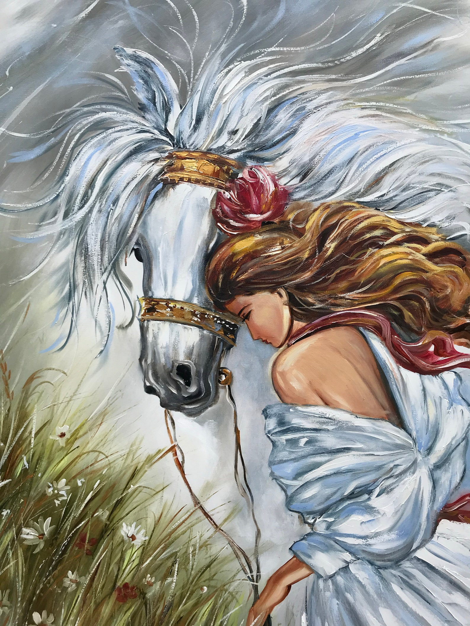 Girl With White Horse Oil Painting, Original Equestrian Art on Canvas ...