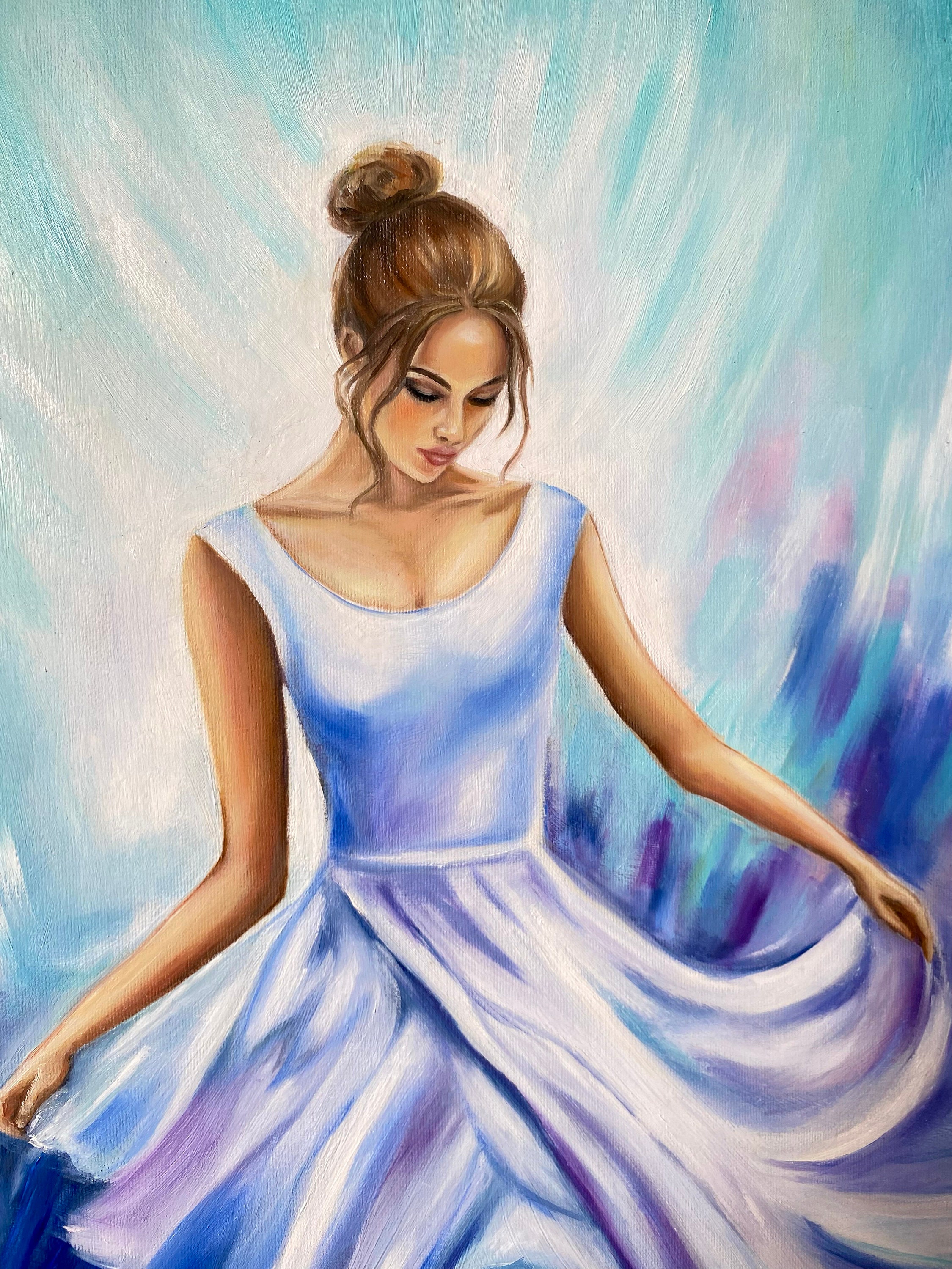 Girl in Blue Dress Painting | Beautiful Woman Artwork - Etsy