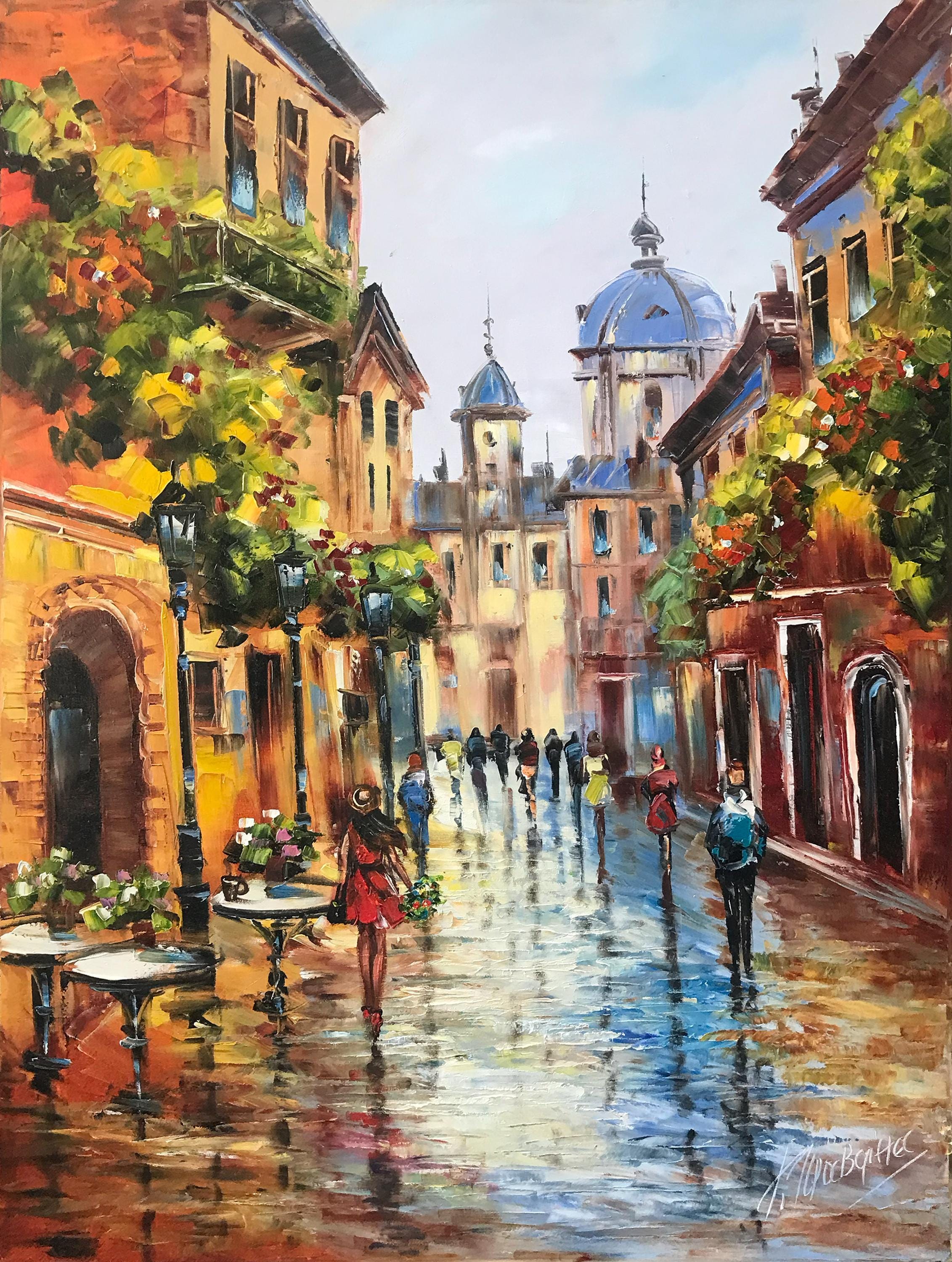 【真作】絵画　油彩0号　ヨーロッパの街角　西洋風建物の風景　X165 真作】絵画 油彩0号 ヨーロッパの街角 西洋風建物の風景 X165