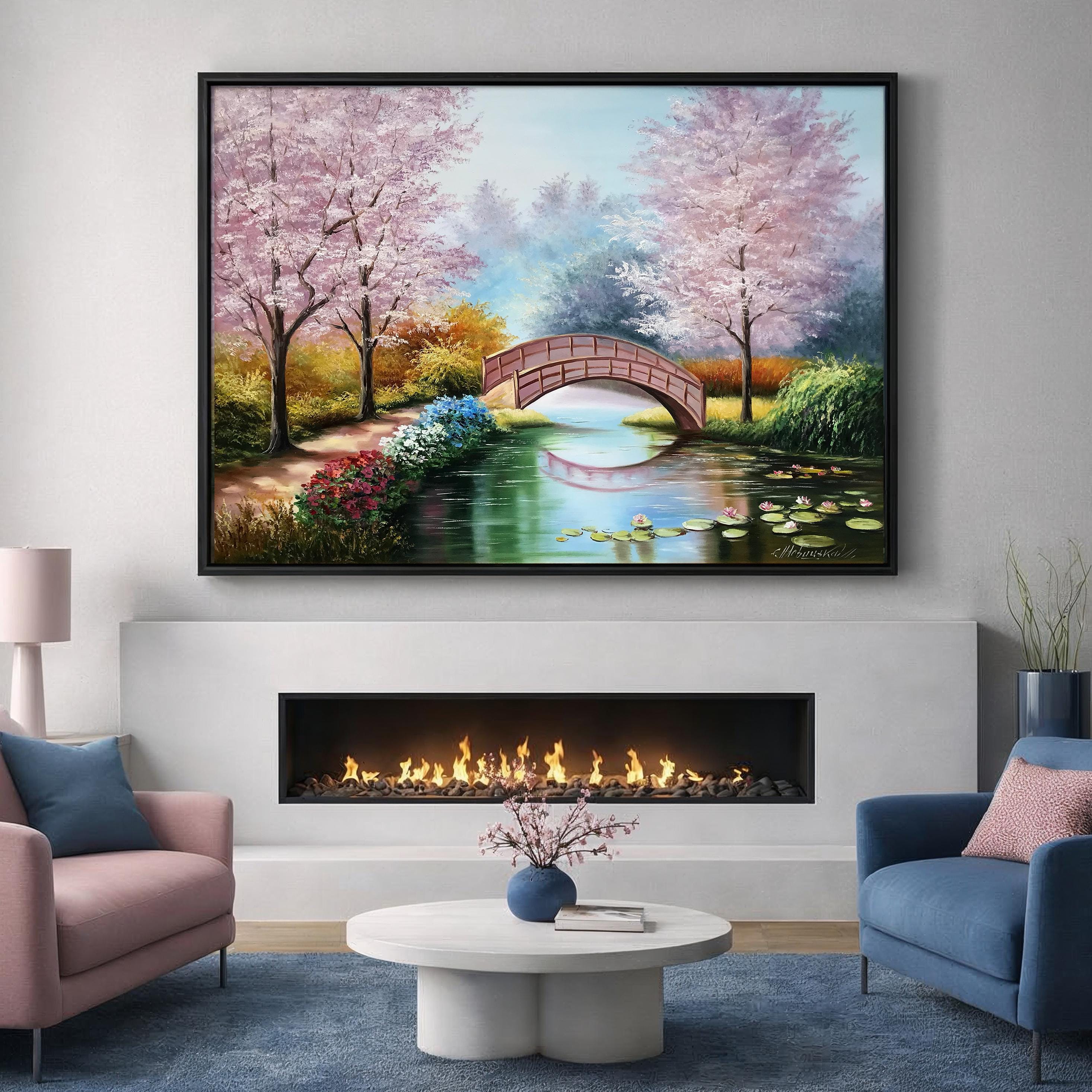 モネの睡蓮の油絵 オリジナル桜アート 日本庭園の絵画 睡蓮の池に