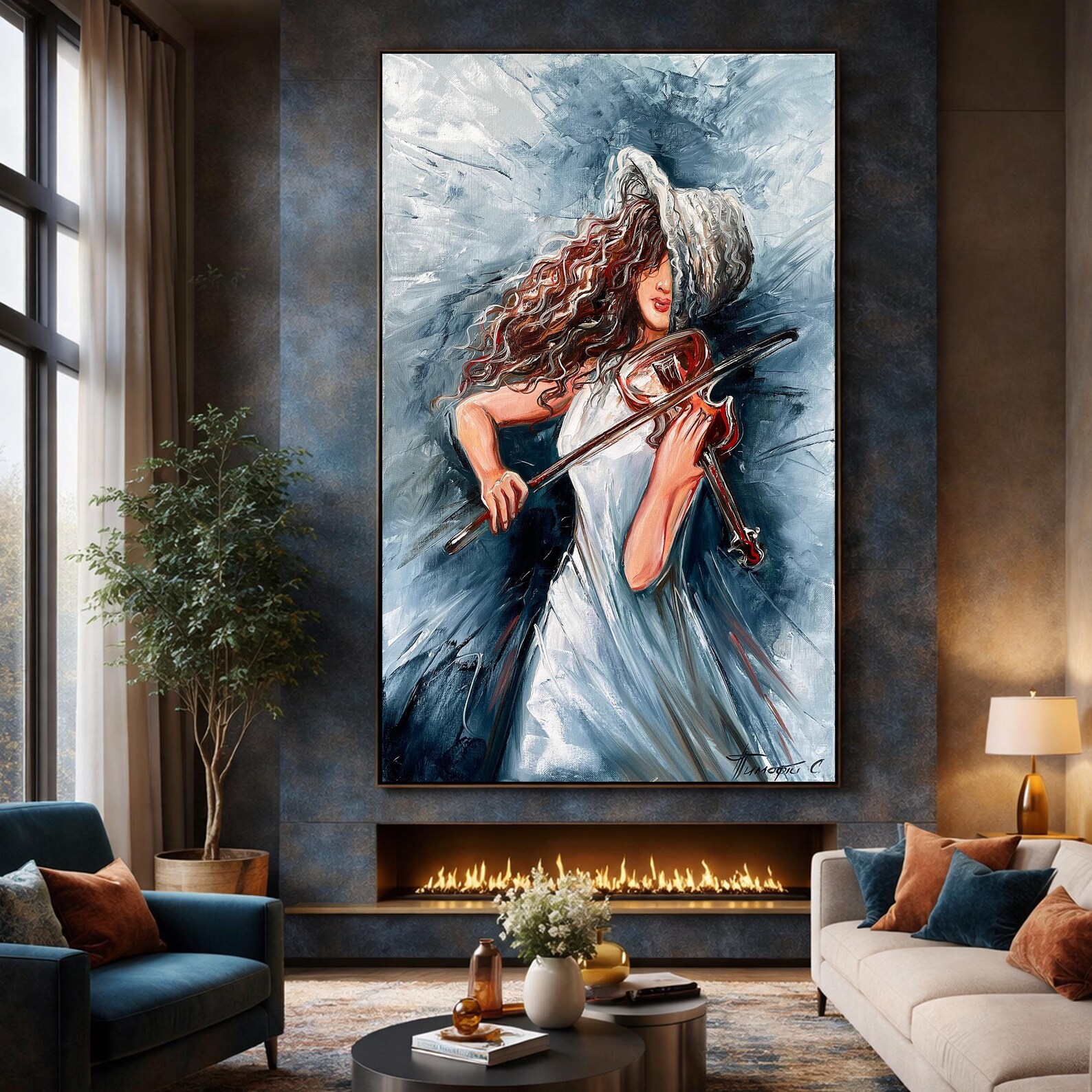 Woman Playing Violin Oil Painting Original Hand Made Artwork, Musician ...