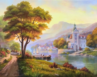 Pintura al óleo original de Austria: Cuadro mural extragrande de un pueblo lacustre alpino, obra de arte paisajística junto al lago.