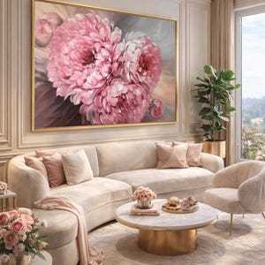 May include: An elegant living room with a large framed painting of pink peonies. A curved beige sofa with pink cushions, a round marble coffee table, and a cosy armchair create a sophisticated atmosphere. A potted plant and a window with a view enhance the room's appeal.