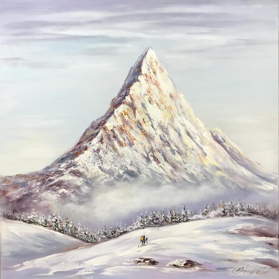 エベレスト山の油絵 オリジナル抽象山画 ヒマラヤアート スキー絵画