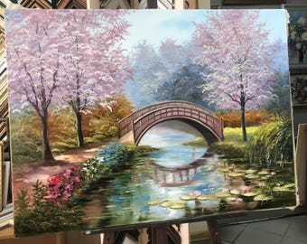 モネの睡蓮の油絵 オリジナル桜アート 日本庭園の絵画 睡蓮の池に