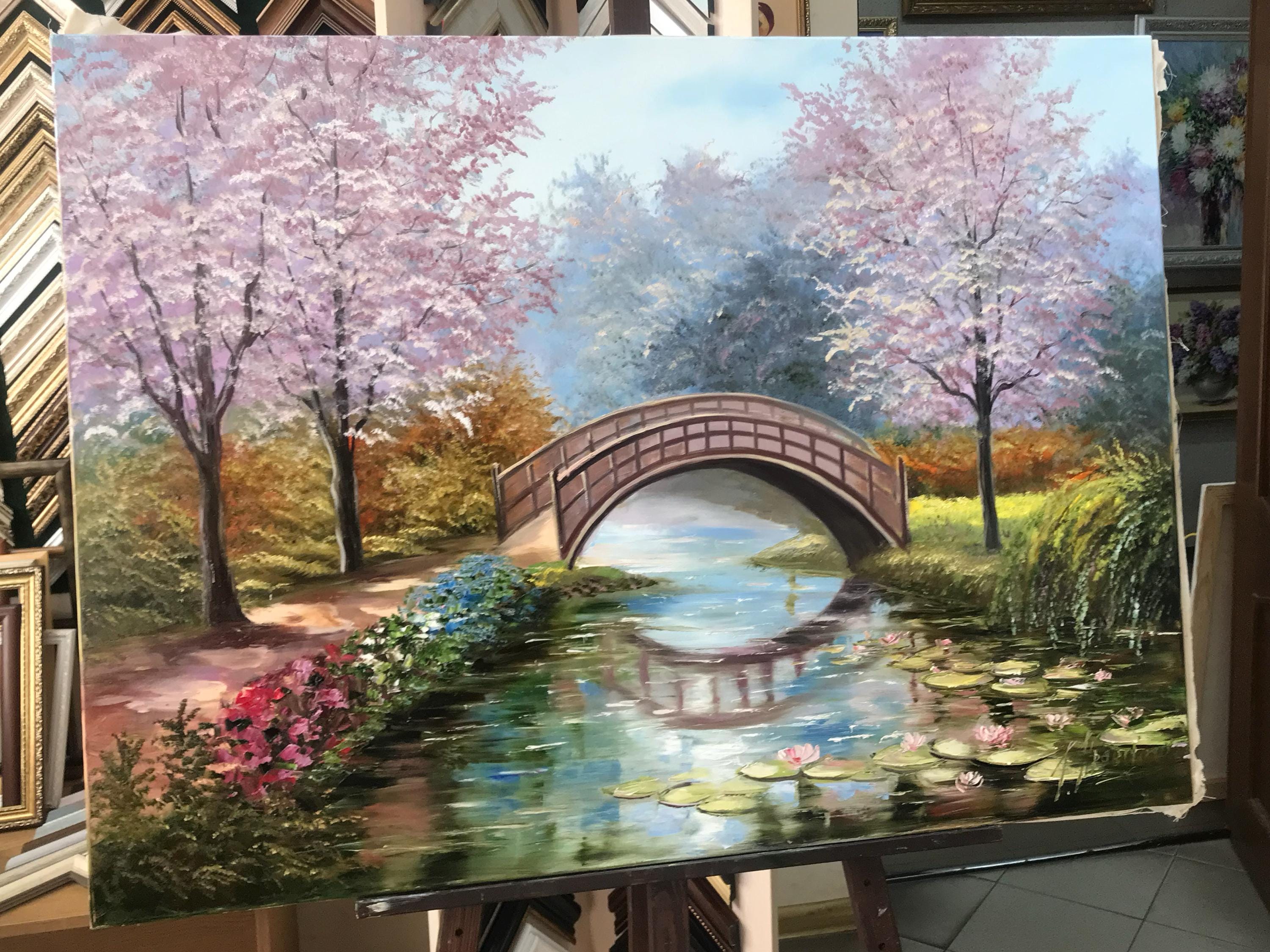 モネの睡蓮の油絵 オリジナル桜アート 日本庭園の絵画 睡蓮の池に