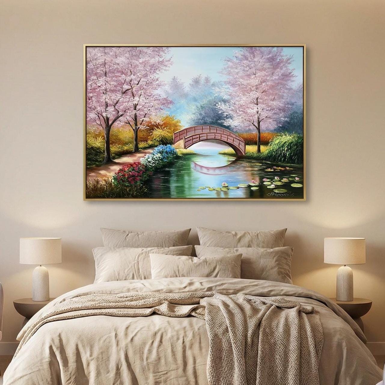 モネの睡蓮の油絵 オリジナル桜アート 日本庭園の絵画 睡蓮の池に