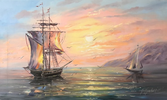 海上の船の油絵、ピンクの夕焼けの海景風景画、大型の帆船アート作品