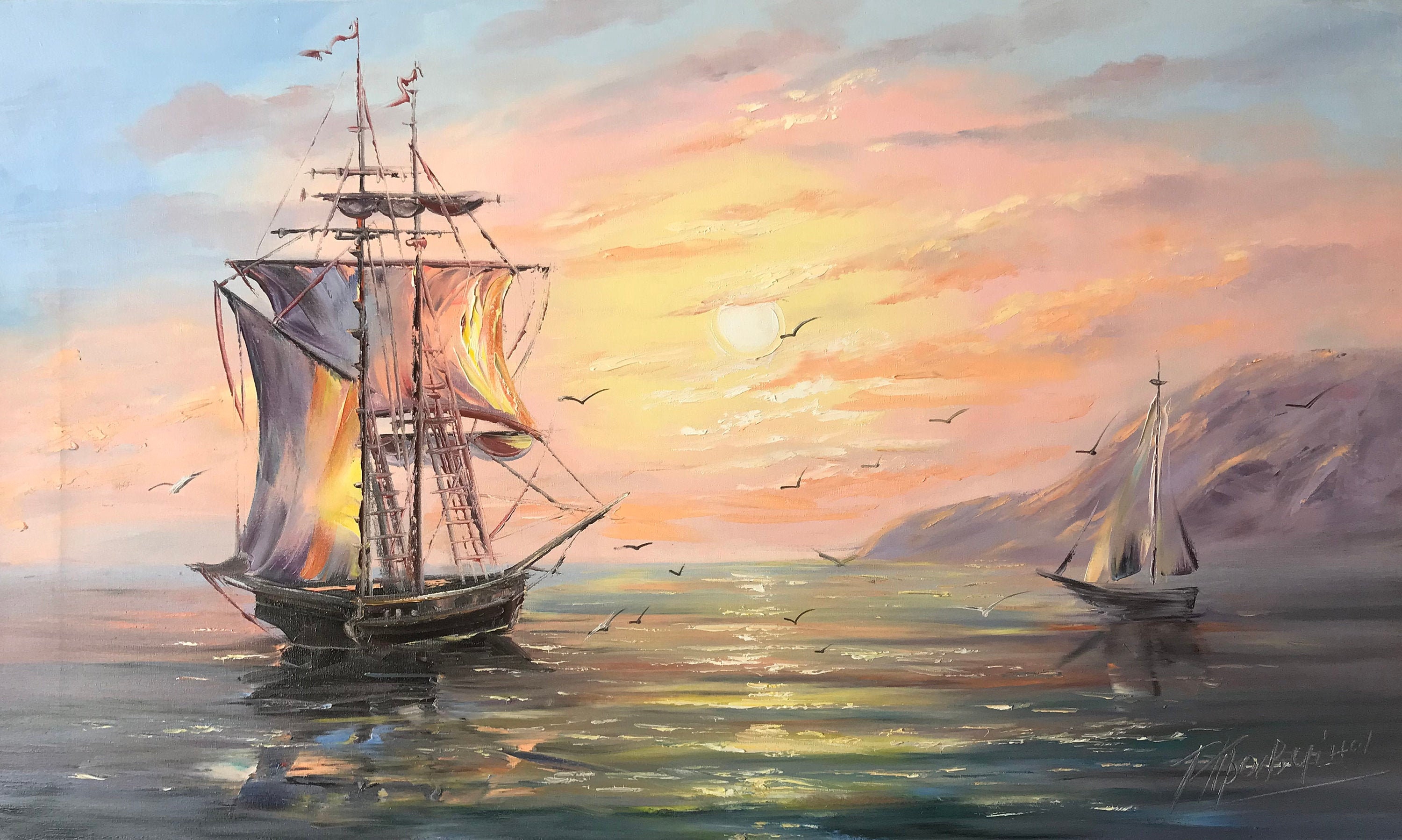 海上の船の油絵、ピンクの夕焼けの海景風景画、大型の帆船アート作品