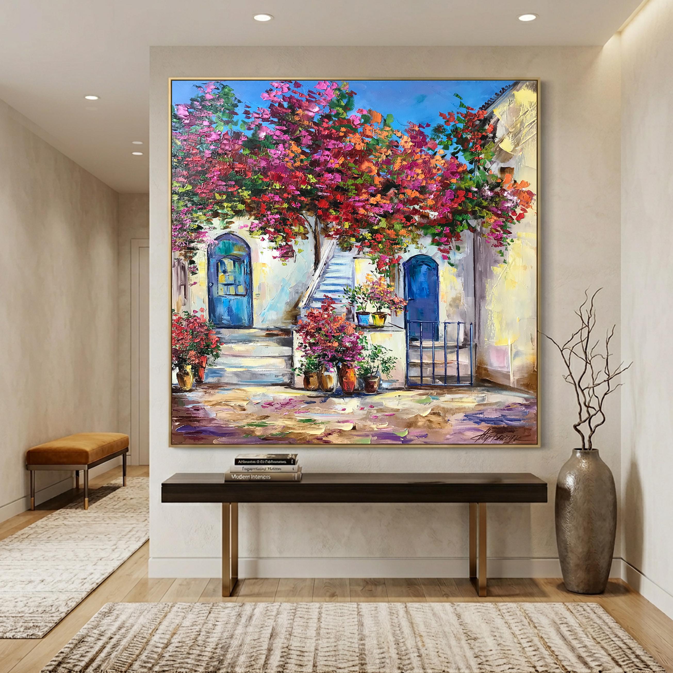 サントリーニ島の絵画 オリジナルの赤いブーゲンビリアの絵画 ゲスト