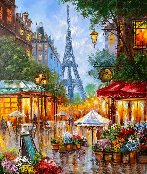 パリの街並みを描いた油絵（キャンバス）、フランスのカフェのアート