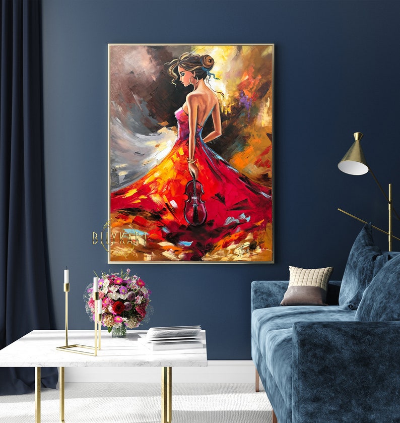Original Girl With Violin Oil Painting Music Player Wall Art Musician ...
