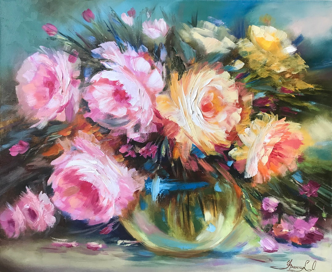 Pink Roses Oil Painting Original Rose Flowers in Vase