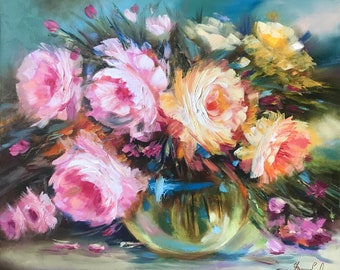 花瓶のバラ：額入り花の油絵静物画、50 x 70 cm - Etsy 日本