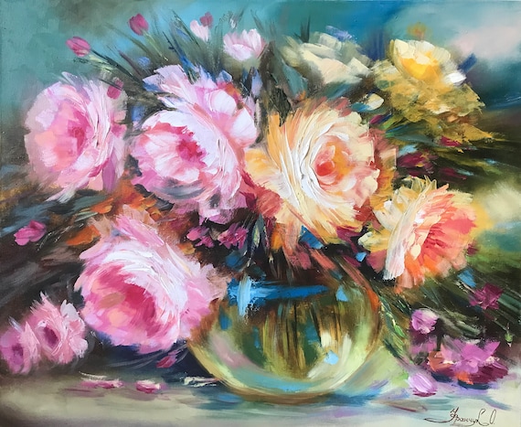 絵画 Oil painting of beautiful flowers. original oil painting Poppy wildflowers vase artwork Floral