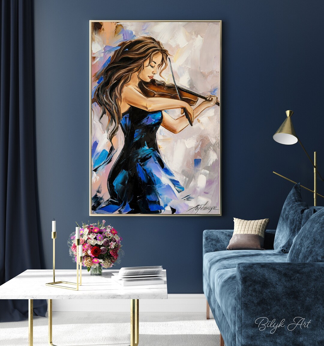 Woman Playing Violin Oil Painting on Canvas, Elegant Musician Girl Art ...