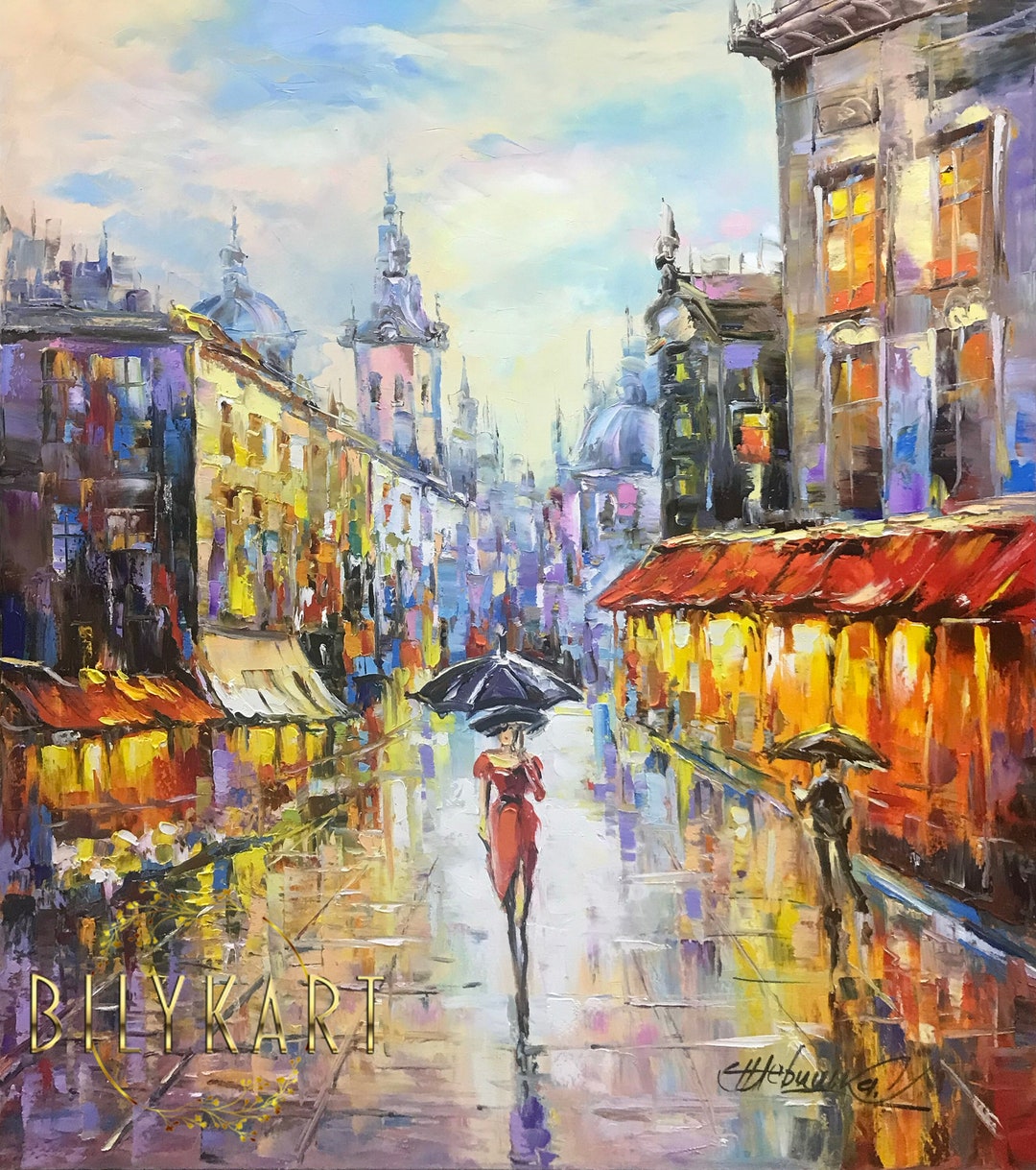 パリの街の風景油絵 オリジナル傘を持つ女性の絵画 雨の街の パリの街の風景油絵 オリジナル傘を持つ女性の絵画 雨の街の
