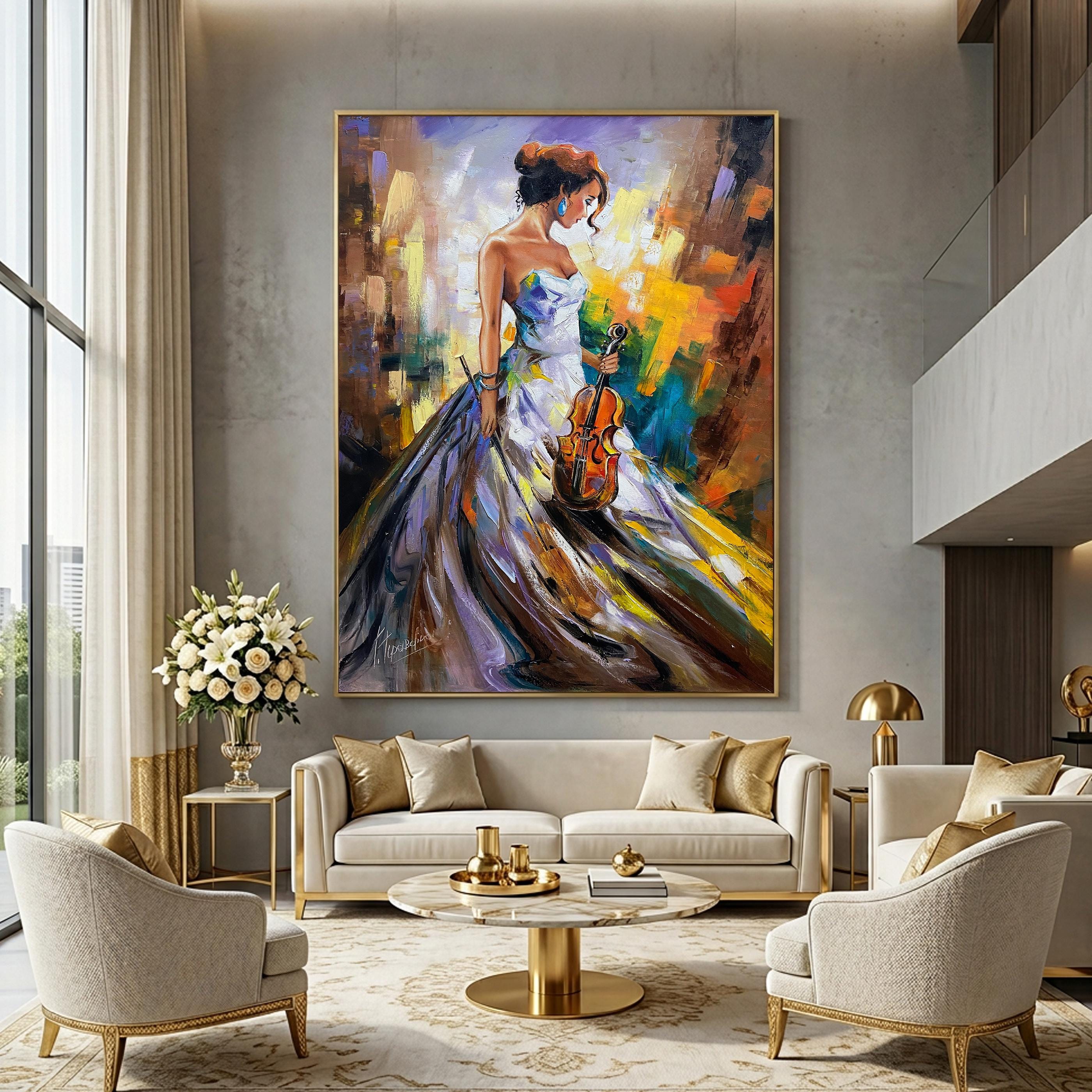 バイオリンを持つ女性 油絵 オリジナル 女性 36x48 キャンバス 壁