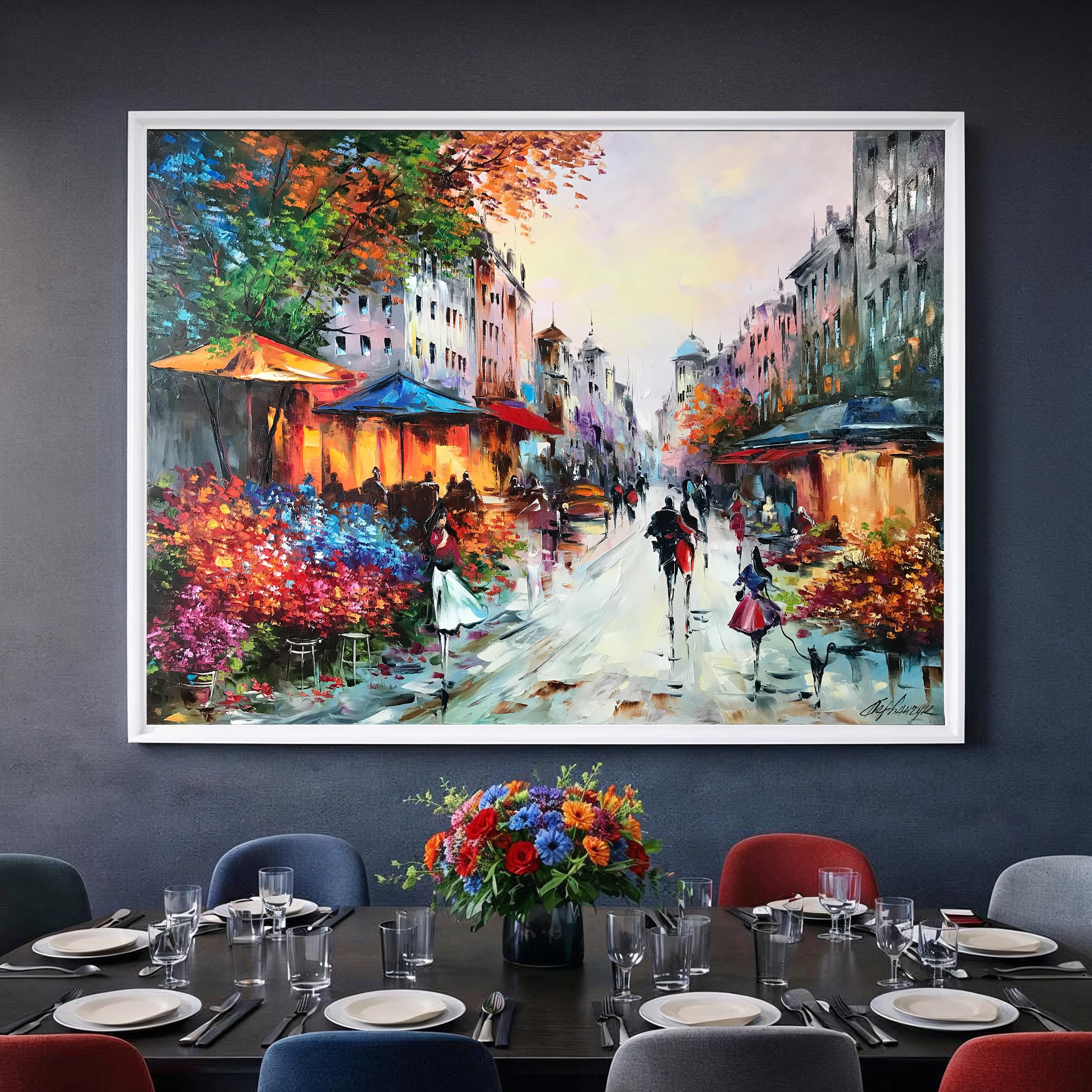 フランスの街並みの油絵 パリのオリジナルストリートペインティング