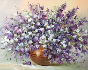 Bluebell Painting on Canvas Bell Flower Art Bluebell Oil Paintings Flowers in Vase Artwork Purple Flower Painting Bouquet of Flowers Art