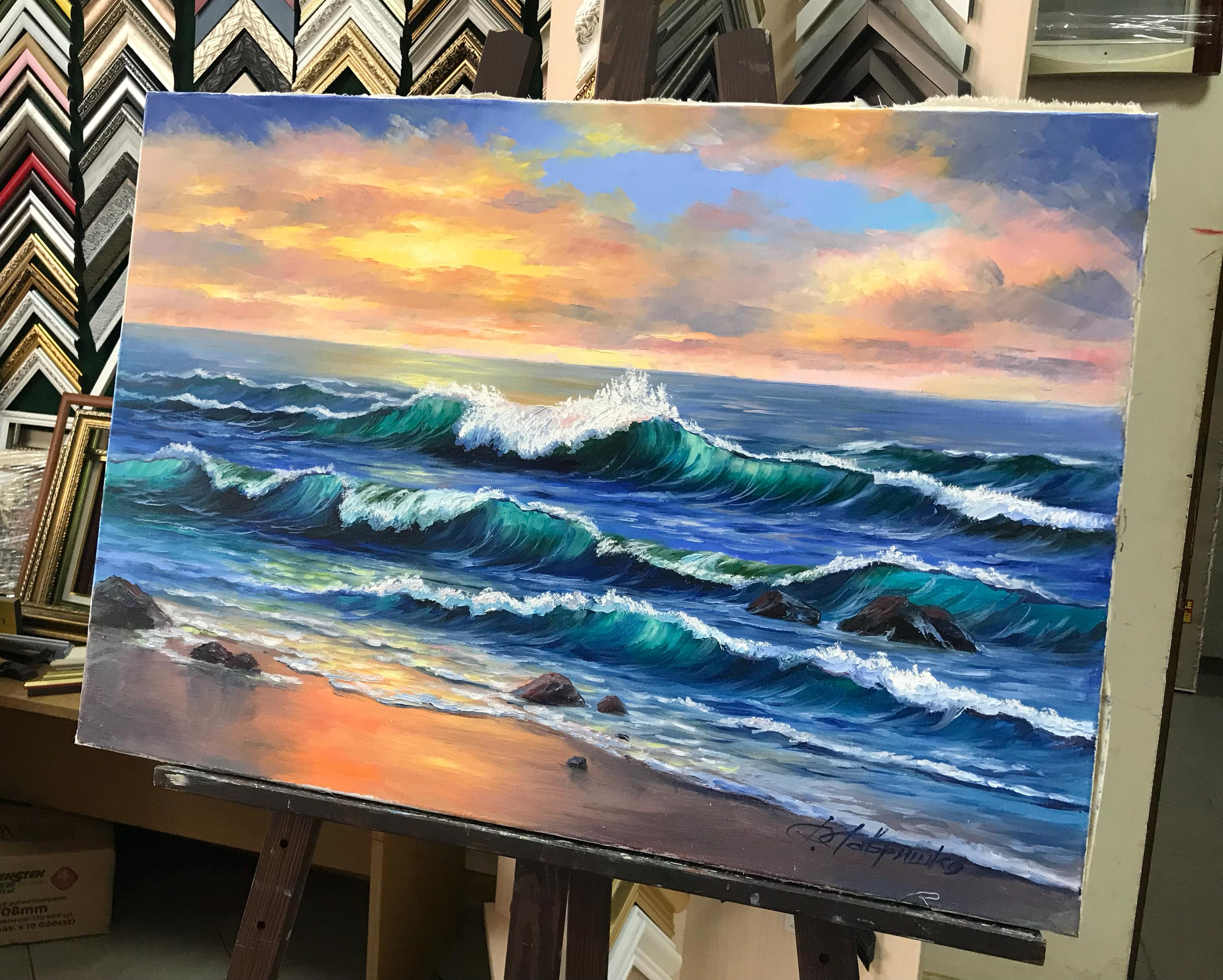 海岸の絵画 オリジナルのビーチの風景画 キャンバス オーシャンサイド