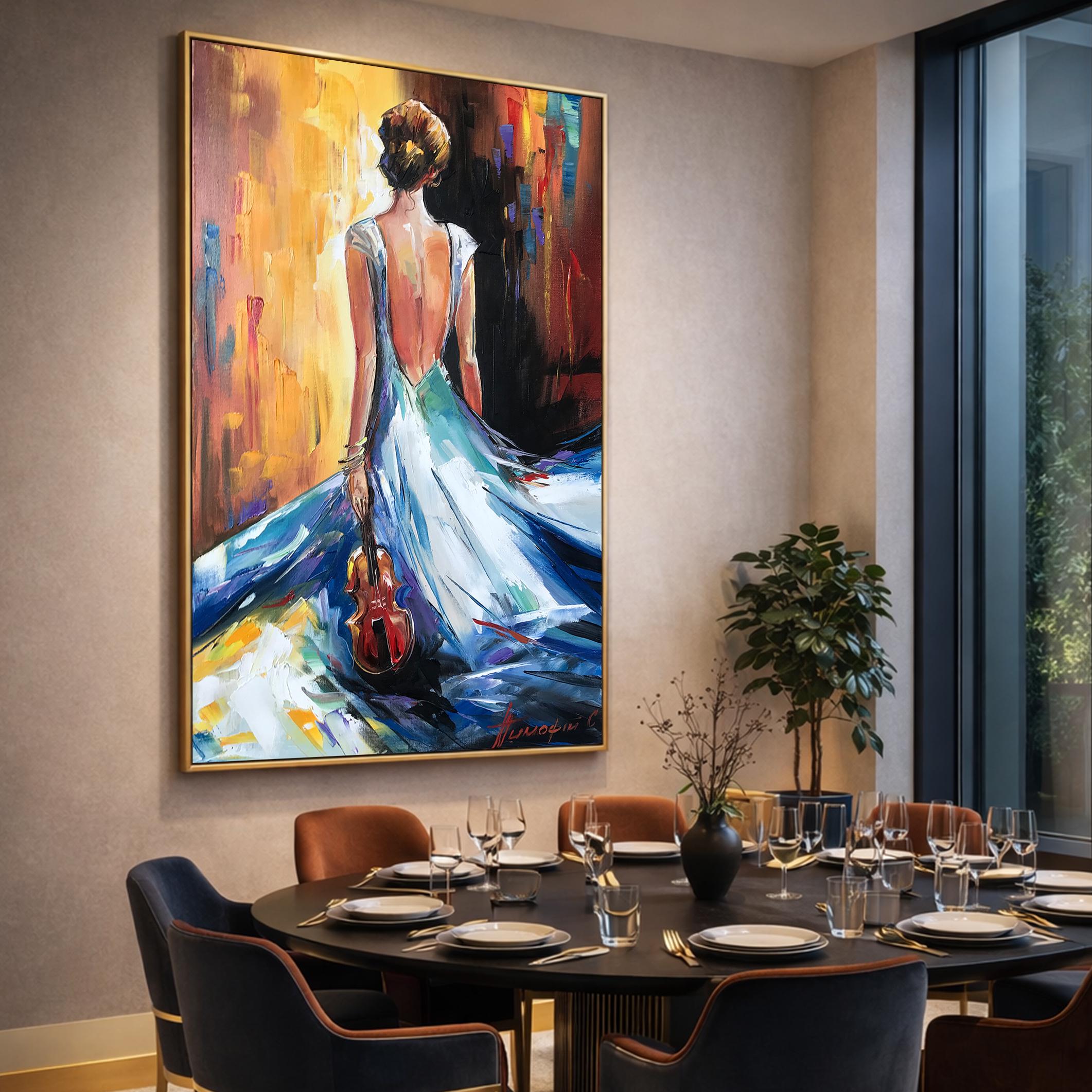 Beautiful Woman Back Oil Painting, Girl Violin Player Art, Lady in
