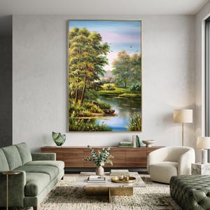 Original Landscape Oil Painting on Canvas Living Room Wall Art Green Forest Artwork River Panorama Wall Art Countryside Nature Oil Painting image 4