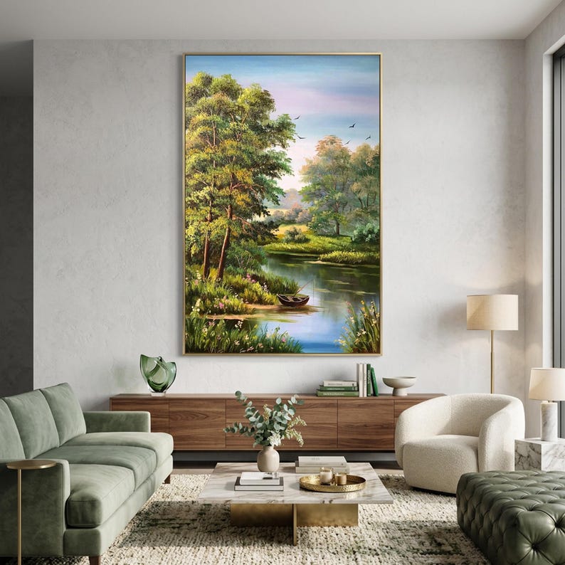 Original Landscape Oil Painting on Canvas Living Room Wall Art Green Forest Artwork River Panorama Wall Art Countryside Nature Oil Painting image 4