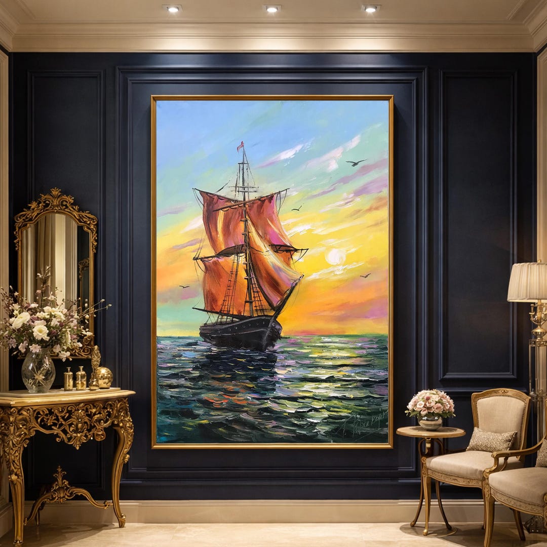 夕日のボート油絵オリジナル、大型帆船キャンバスアート、帆船アート