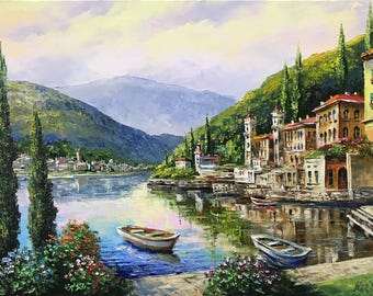 コモ湖の油絵 オリジナルイタリア風景画 キャンバス イタリアアート