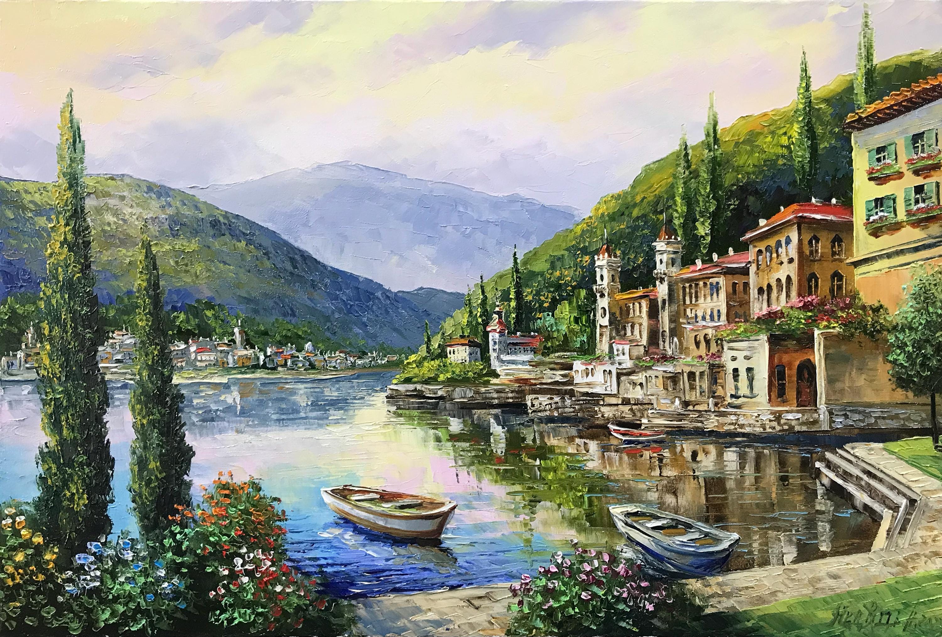 コモ湖の油絵 オリジナルイタリア風景画 キャンバス イタリアアート