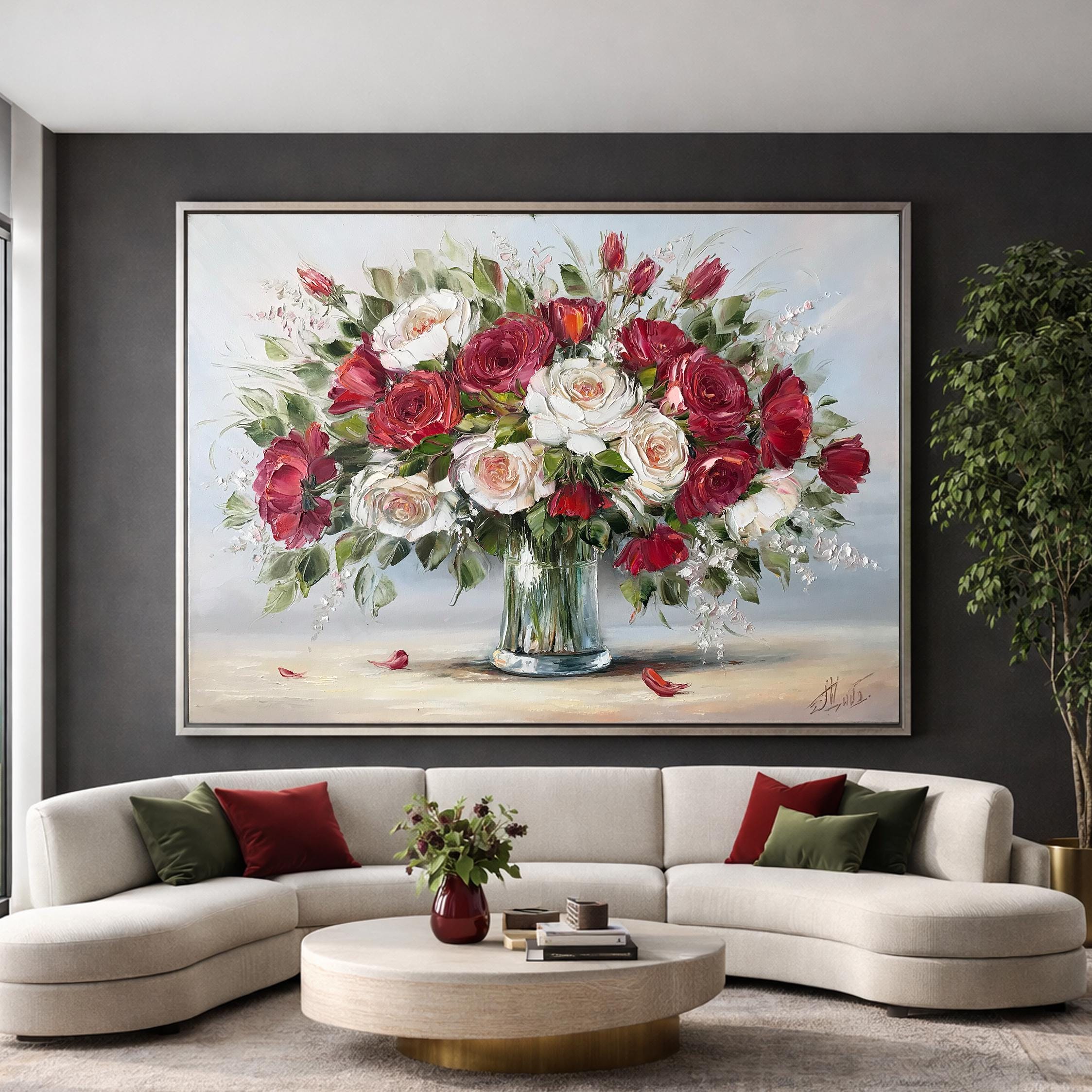赤いバラの油絵、花瓶に入った花のオリジナル絵画、クラシックな壁掛け